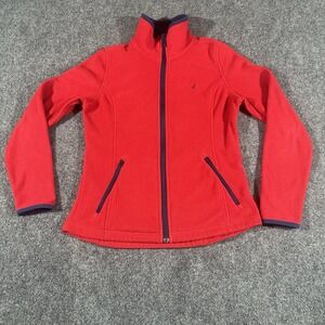 Nautica Womens Red‎ Full Zip Fleece Jacket Navy Trim Size S Embroidered Logo